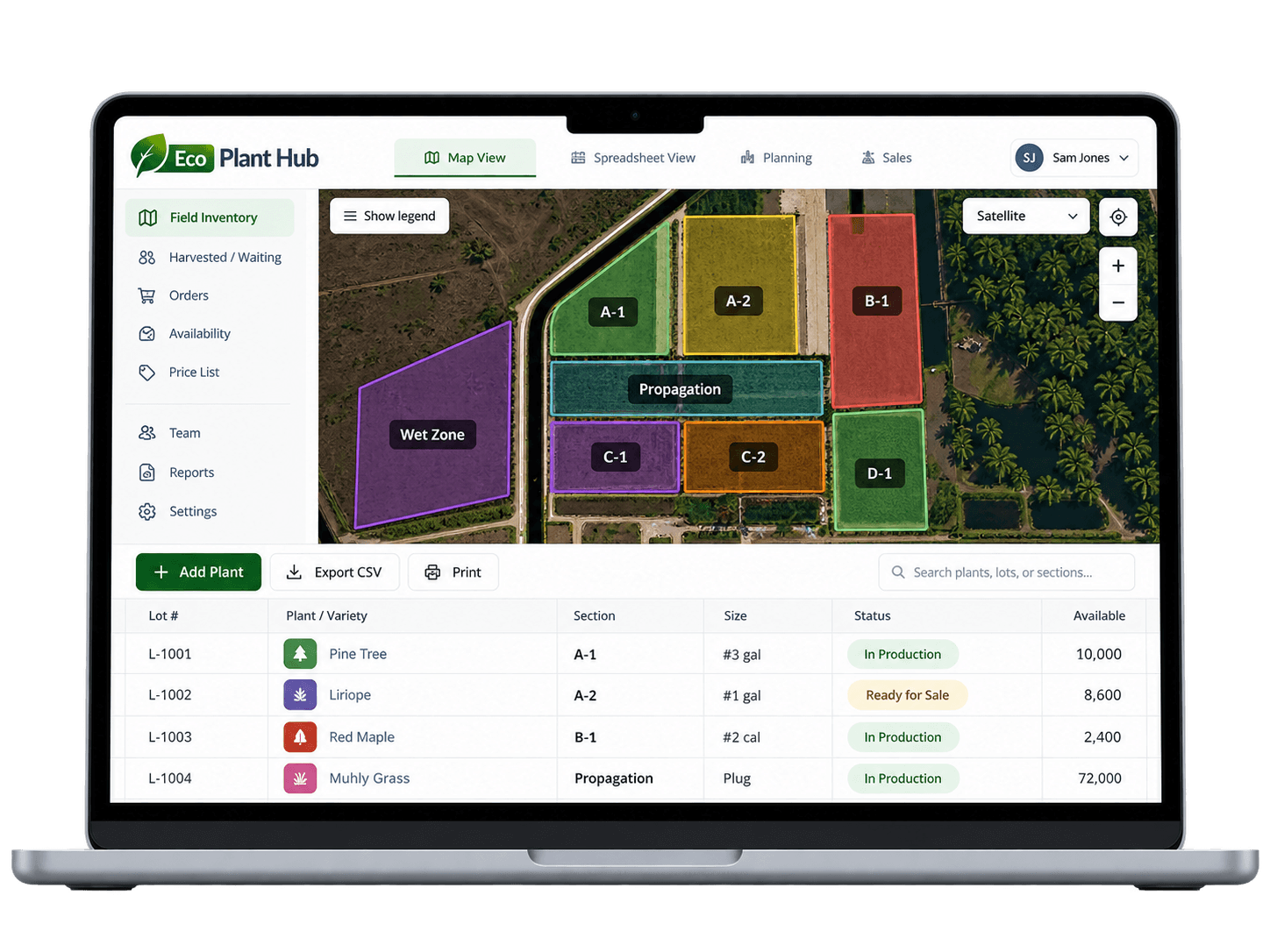Eco Plant Hub™ map and inventory on laptop